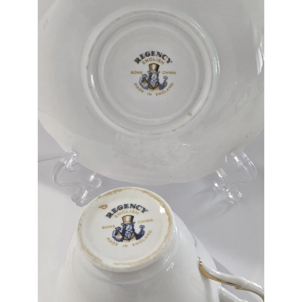 Regency Porcelain Cup Saucer Set Spring Pink Blue Flowers Gold Trim England